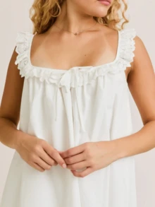 Women's Summer Dresses Sleeveless Ruffle Square Neck Tie-Up Front Solid Loose Short A-Line Mini Babydoll Dress - 白色 - 查看 4