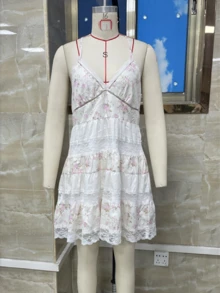 Women Y2K Mini Cami Dress Backless Low Cut A Line Short Bustier Dress Floral Ruffle Sleeveless Sundress Beachwear - 粉色 - 查看 7