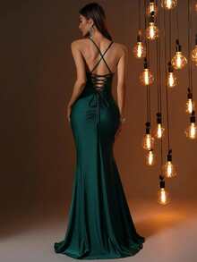 EVERLYL 闪光亮片细肩带荷叶边裹身下摆露背吊带晚礼服和正式伴娘礼服优雅夏装、生日派对礼服、伴娘礼服、毕业礼服、复活节、婚礼宾客鸡尾酒会礼服 - 墨綠色 - 查看 3