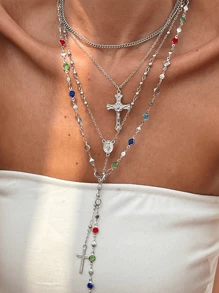 4-In-1 Vintage Elegant Fashion Hip Hop Retro Coin Rhinestone Cross Pendant Tassel Long Necklace Set, Unique Layered Choker Necklace For Women, Suitable For Summer, Party, Formal Occasion, Daily Wear