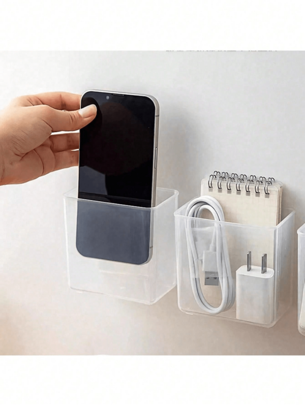 1 pieza Caja de almacenamiento transparente montada en la pared, sin necesidad de perforar, caja organizadora de escritorio