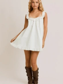 Women's Summer Dresses Sleeveless Ruffle Square Neck Tie-Up Front Solid Loose Short A-Line Mini Babydoll Dress - 白色 - 查看 1