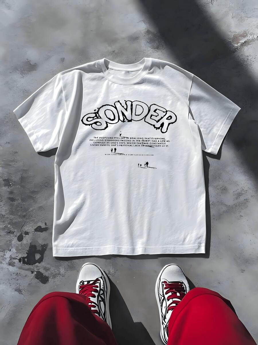 Sonder Graphic Print Short Sleeve T - Shirt,Comfortable Casual Short Sleeve, 220 Grams Heavyweight Cotton Printed T-Shirt - 白色 - 查看 1