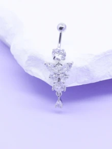 1pc Rhinestone Double Gem Navel Belly Ring, Fashion Piercing Jewelry