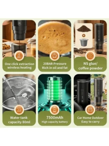 便携式咖啡机 小型咖啡机 全自动咖啡机 便携式意式咖啡机 无线车载咖啡机 USB 可充电 7500mAh 大容量电池 无线便携设计 兼容咖啡粉和胶囊 满足不同客户需求 家用 车载 室外 恒温萃取 92°C 精准控温 20Bar 泵压 适用于旅行、房车、徒步旅行、露营、办公室（带加热） - 彩色 - 查看 9