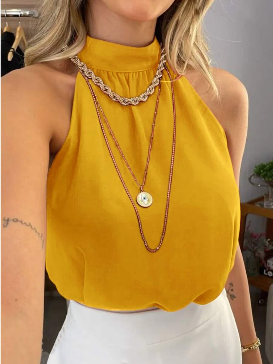 Women's Dune Tank Top With High Collar And Ruffles For Summer. - Màu Mù tạt vàng - Xem 1