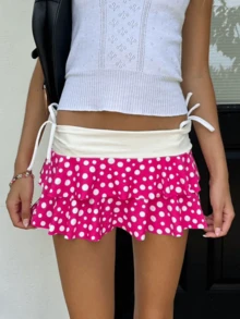 Layered Ruffle Mini Skirt For Women Summer Y2K Dots/Stripe/Heart Print/Solid Color Low Rise A-Line Tiered Short Skirts Party Club Beach Boho Skater Skirts - Màu đỏ tím - Xem 1