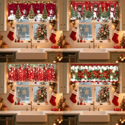 1 件圣诞帷幔窗帘雪人一品红花卉松果圣诞树闪亮五角星图案短窗帘带杆袋适用于厨房卧室客厅家居装饰圣诞装饰品适用于家庭 2025 新年 2026 装饰涤纶材料圣诞装饰房间装饰