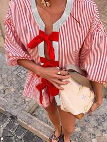 Women's Fashion Striped All-Over Print Contrast Color Bow Tie Ruffle Hem Blouse