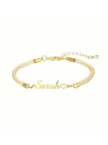 Customized Stainless Steel Name & Heart Charm Adjustable Mesh Bracelet, Handmade Cubic Zirconia, Best Gift For Christmas, Valentine's Day, Mother's Day, Easter, Casual, Elegant, Preppy, Boho, Cute, Stylish, Y2K - Multicolor - View 6