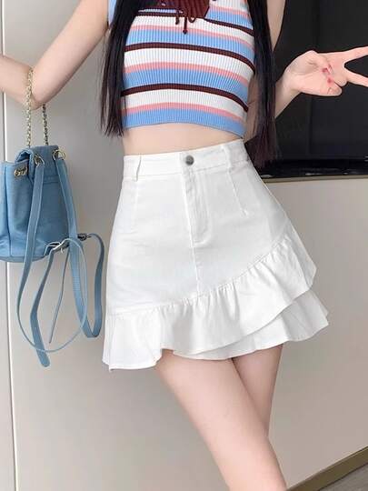 Falda short unicolor bajo De Dobladillo De Volante para mujer