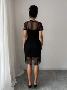 Conjunto de 2 vestidos   Colorblock    Elegante    Tela    Espalda al aire  Transparente  Gasa    Boda - Negro - Ver 2