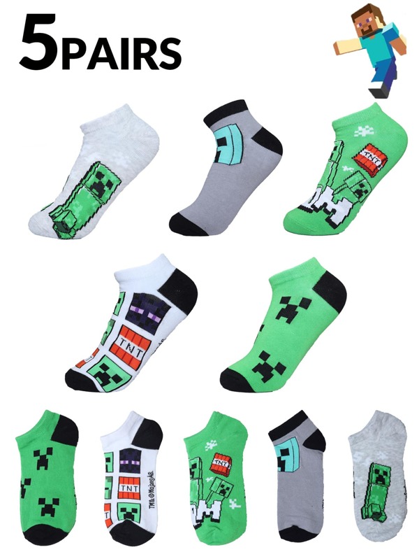 Minecraft 5/1 paire de chaussettes de cheville pour hommes Minecraft - Chaussettes pour adolescents garçons avec des éléments de bac à sable, présentant des designs de squelette, villageois, TNT, Creeper et araignée ; il s'agit de chaussettes de cheville respirantes, légères, anti-odeur et de chaussettes multicolores à thème de jeu (Remarque : le produit physique n'a pas de marque déposée et Mojang AB.)'