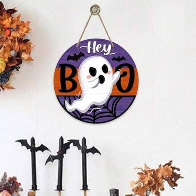 Halloween Hey Ghost Sign Front Door Decoration, Ghost Spider Web Bat Wooden Door Hanging Outdoor Outdoor Porch, Holiday Party Interior Wall Hanging Decoration