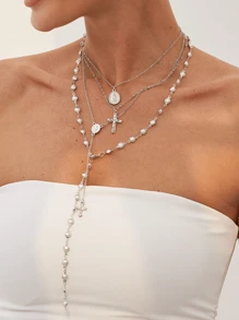 4-In-1 Vintage Elegant Fashion Hip Hop Retro Coin Rhinestone Cross Pendant Tassel Long Necklace Set, Unique Layered Choker Necklace For Women, Suitable For Summer, Party, Formal Occasion, Daily Wear