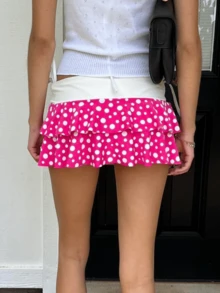 Layered Ruffle Mini Skirt For Women Summer Y2K Dots/Stripe/Heart Print/Solid Color Low Rise A-Line Tiered Short Skirts Party Club Beach Boho Skater Skirts - Màu đỏ tím - Xem 7