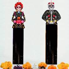 2pcs Mexican Day Of The Dead Skeleton Bride & Groom Paper Hanging Decor With Tassels, Halloween Holiday Home Garden Spooky Funny Decoration