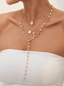 4-In-1 Vintage Elegant Fashion Hip Hop Retro Coin Rhinestone Cross Pendant Tassel Long Necklace Set, Unique Layered Choker Necklace For Women, Suitable For Summer, Party, Formal Occasion, Daily Wear