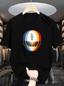 Men's T-Shirt With Reflective ET Print, 100% Cotton Blouse, Round Neck, Shirt In Various Colors - 黑色 - 查看 1