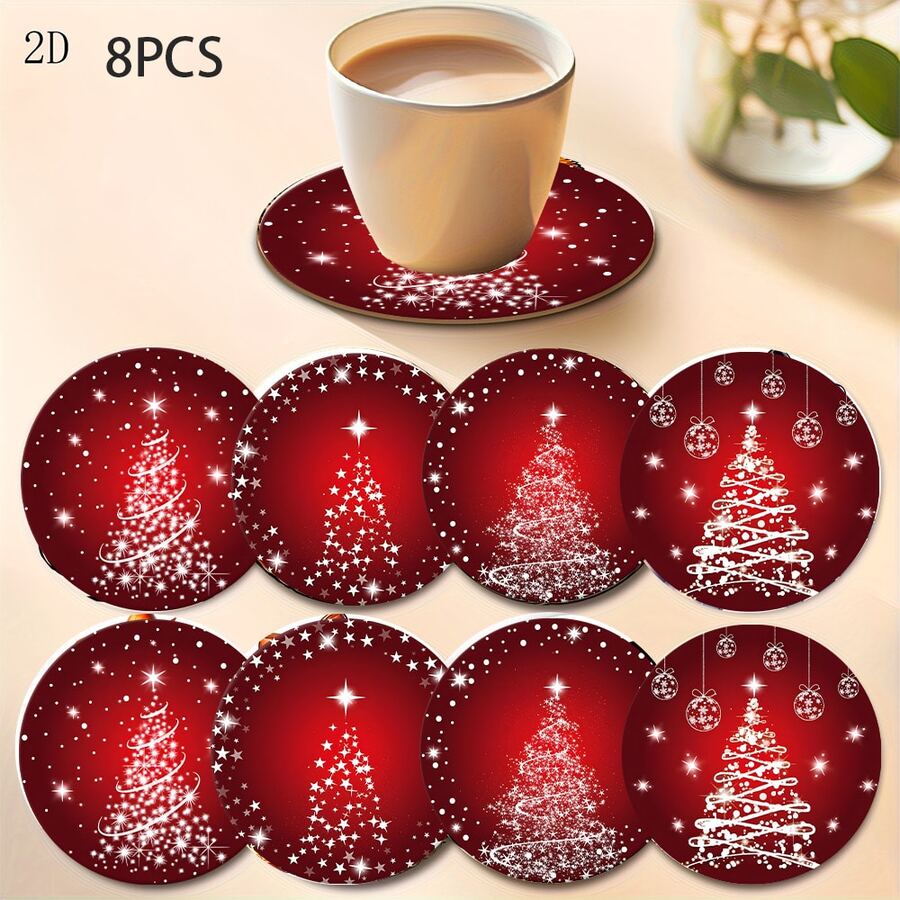 4/8pcs Christmas Square & Round Acrylic Coasters, Red Christmas Tree & Star Design, Non-Slip Heat-Resistant Drink Coasters For Home Decor, Holiday Gifts - Multicolor - View 1