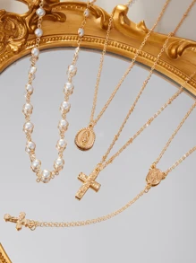 4-In-1 Vintage Elegant Fashion Hip Hop Retro Coin Rhinestone Cross Pendant Tassel Long Necklace Set, Unique Layered Choker Necklace For Women, Suitable For Summer, Party, Formal Occasion, Daily Wear