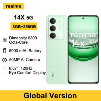 Realme 14X 5G AI 手机 8GB+256GB LTE，全球版，解锁手机，安卓 15 系统，联发科天玑 6300 处理器，5000mAh 大容量电池，品质可靠，圣诞礼物/礼品，不含充电器
