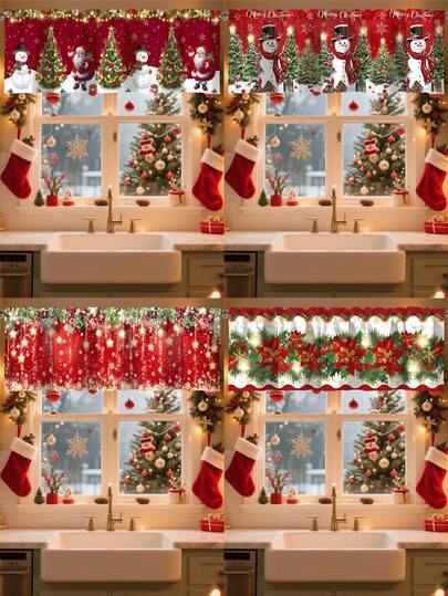 1 件圣诞帷幔窗帘雪人一品红花卉松果圣诞树闪亮五角星图案短窗帘带杆袋适用于厨房卧室客厅家居装饰圣诞装饰品适用于家庭 2025 新年 2026 装饰涤纶材料圣诞装饰房间装饰