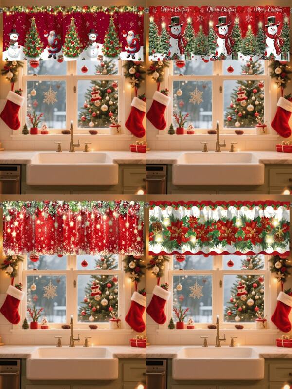 1 pieza Cenefa navideña con estampado de muñeco de nieve, flor de Pascua, piñas y estrella de cinco puntas brillante, tratamiento de ventana corto con bolsillo para barra, para cocina, dormitorio, sala de estar, decoración del hogar, decoraciones navideñas para el hogar 2025 Navidad Natal Neol Año Nuevo 2026 Decoraciones de material de poliéster