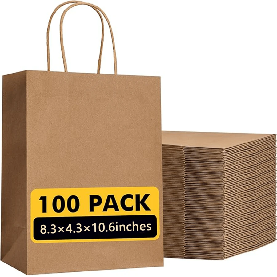 100Pcs Gift Bags 8.3x4.3x10.6 Kraft Brown Paper Gift Bags With Handles Bulk For Wedding, Party Favor, Grocery, Shopping, Retail, Merchandise Medium Paper Sacks - 駝色 中號 - 查看 1