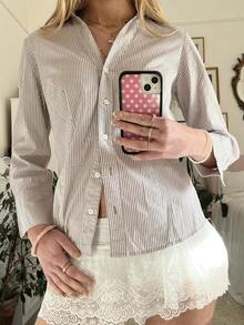 Womens Button Down Shirts Long Sleeve Dress Shirt V Neck Solid Color Stripe Plaid Spring Fall Tops Textured Work Blouse Streetwear - Light Grey - View 2