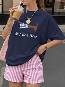 CONJUNTO SHORT ROSA RALLADO CON DISEÑO DE PERRITO FRANCES IDEAL PARA PLAYA O VERANO - azul real - Ver 1