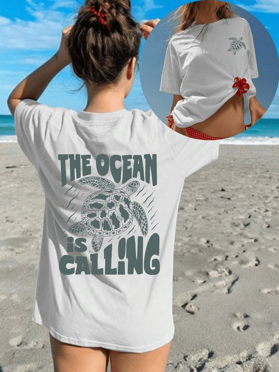 CAMISETA DE DAMA CON DISEÑO DE ESPALDA THE OCEAN TORTUGA IDEAL PARA LA MODA CASUAL, GYM O VERANO - Blanco - Ver 1