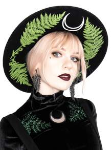 BREITER 1 件女式 Y2K 复古哥特式女巫帽,黑色印花涤纶毡帽,带有精致五角星和蕾丝花边,适合万圣节、圣诞节、化妆舞会、节日礼物 - 平簷禮帽 - 查看 19