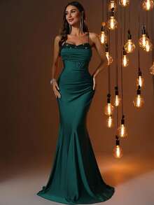EVERLYL 闪光亮片细肩带荷叶边裹身下摆露背吊带晚礼服和正式伴娘礼服优雅夏装、生日派对礼服、伴娘礼服、毕业礼服、复活节、婚礼宾客鸡尾酒会礼服 - 墨綠色 - 查看 7