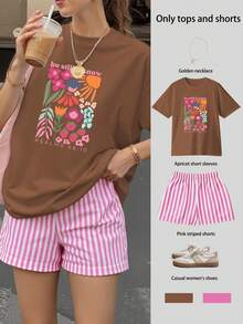 CONJUNTO SHORT ROSA RALLADO CON DISEÑO DE FLORES SALMS 46:10 IDEAL PARA PLAYA O VERANO - Marrón - Ver 1