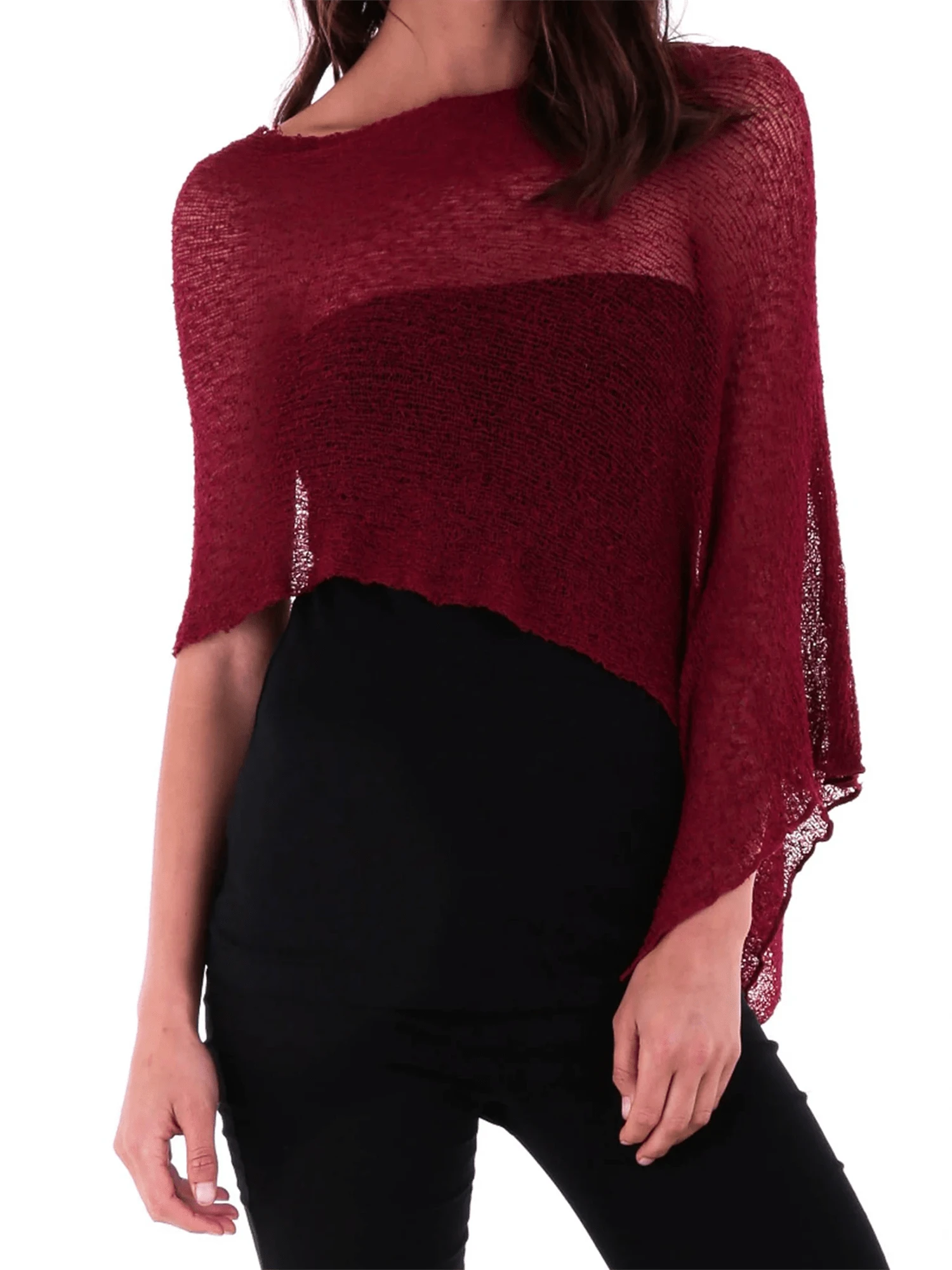 Poncho de malla para mujer, elegante, liso, con cuello redondo, manga larga y transparente, para playa y uso diario. - Burdeos - Ver 1