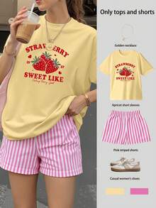 CONJUNTO SHORT ROSA RALLADO CON DISEÑO DE STRAWBERRY IDEAL PARA PLAYA O VERANO - Amarillo - Ver 1