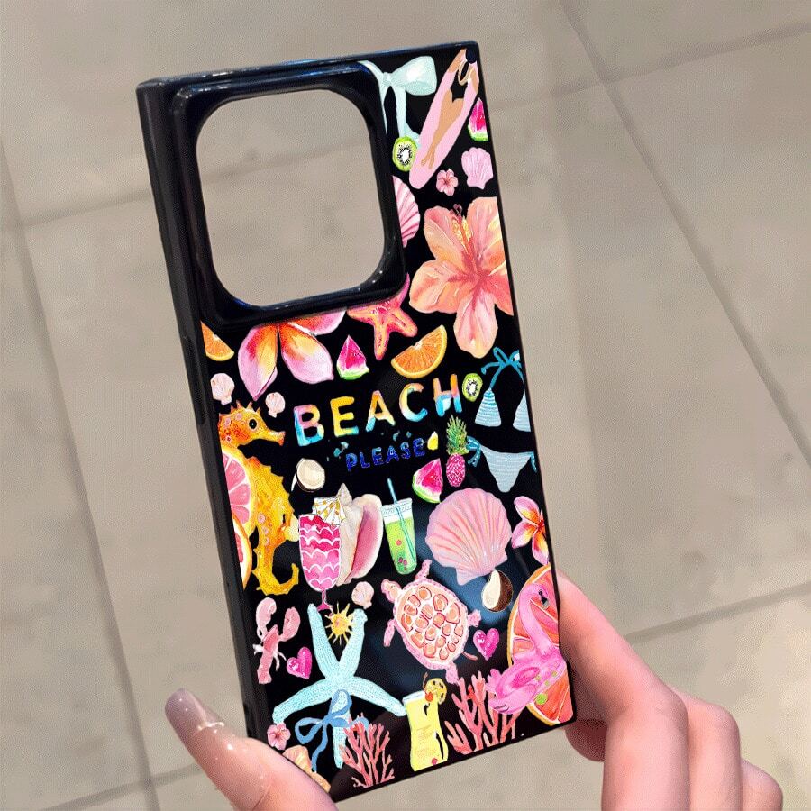 Teléfono con diseño de patrón de bloques de flores, adecuado para las series 16 Pro, 16, 15 Pro, 14, 14 Plus, 13, 13 Pro, 12 Pro, 12 Pro. Diseño de cobertura total a prueba de golpes con orificio grande, marco liso brillante y prominente. - Negro - Ver 1