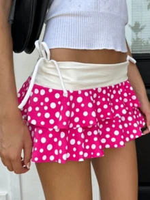 Layered Ruffle Mini Skirt For Women Summer Y2K Dots/Stripe/Heart Print/Solid Color Low Rise A-Line Tiered Short Skirts Party Club Beach Boho Skater Skirts - Màu đỏ tím - Xem 4