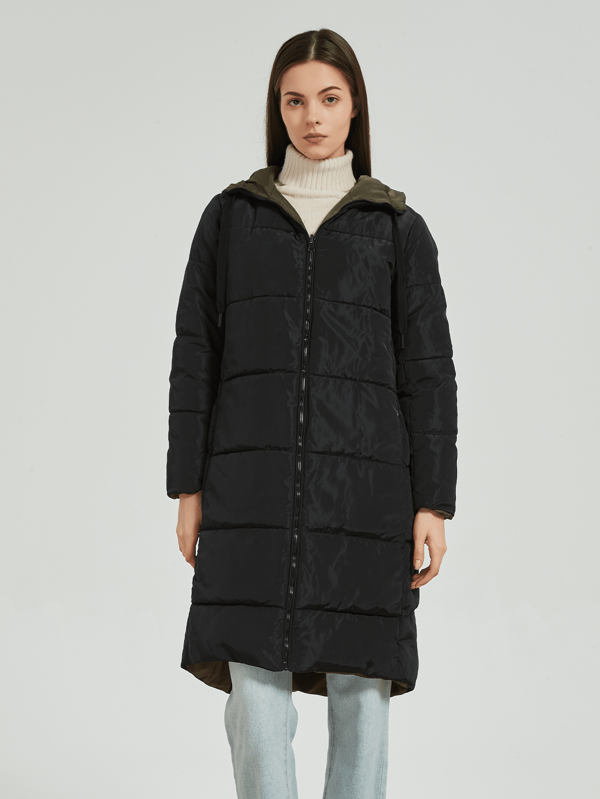 Oversized Long Hooded Two-Sided Casual Padded Coat Coat With Zipper Pockets & Drawstring, European & American Style
