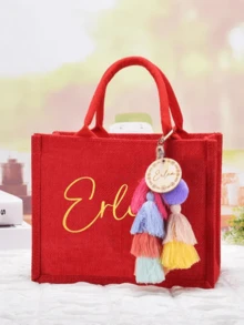 Customized Christmas Gift Bags, Christmas Tote Bags, Holiday Gifts, Linen Christmas Bags, Burlap Christmas Bags, Women's Christmas Gift Bags, Christmas - Orange - View 3