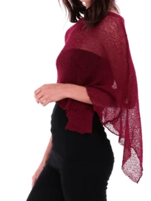 Poncho de malla para mujer, elegante, liso, con cuello redondo, manga larga y transparente, para playa y uso diario. - Burdeos - Ver 2