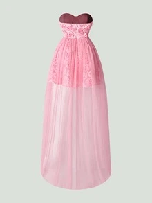 Faeriesty 优雅迷你婚纱，饰以精致的 3D 立体花卉贴花和轻盈的薄纱拖尾——非常适合夏季婚礼、花园派对、奢华仪式或正式晚宴。 - 粉色 - 查看 11