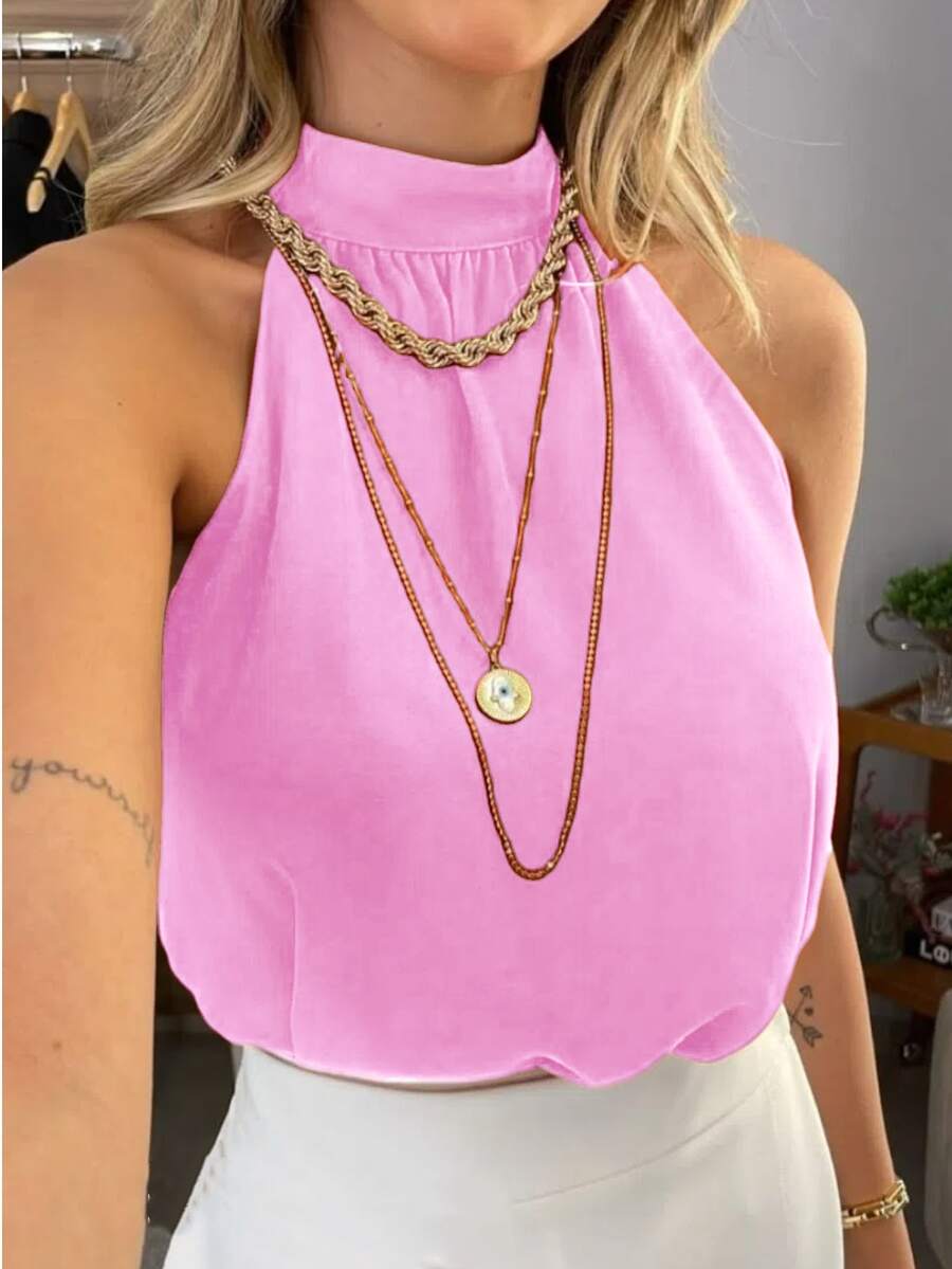 Women's Dune Tank Top With High Collar And Ruffles For Summer. - 粉色 - 查看 1