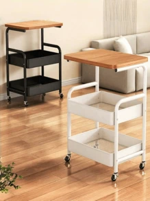 1pc Rolling Cart With Wooden Tabletop, 3 Tier Metal Utility Cart, Rolling Storage Organizer Cart With Lockable Wheels For Kitchen, Office, Bedroom (Black/White)