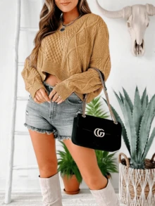 Women's V Neck Cropped Sweater Long Sleeve Crop Top Cable Knit Oversized Pullover Sweater