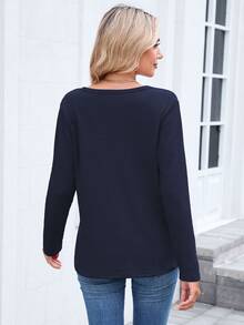 Damska koszulka z długim rękawem i dekoltem w serek, casualowa, modna odzież do pracy na jesień/zimę - Granatowy - Zobacz 2