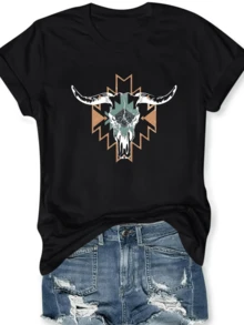 Bull Skull Graphic Print T Shirt 1pcs 220g Women's Casual 100% Cotton Round Neck Tee Southwestern Style Short Sleeve Top - Black - View 1