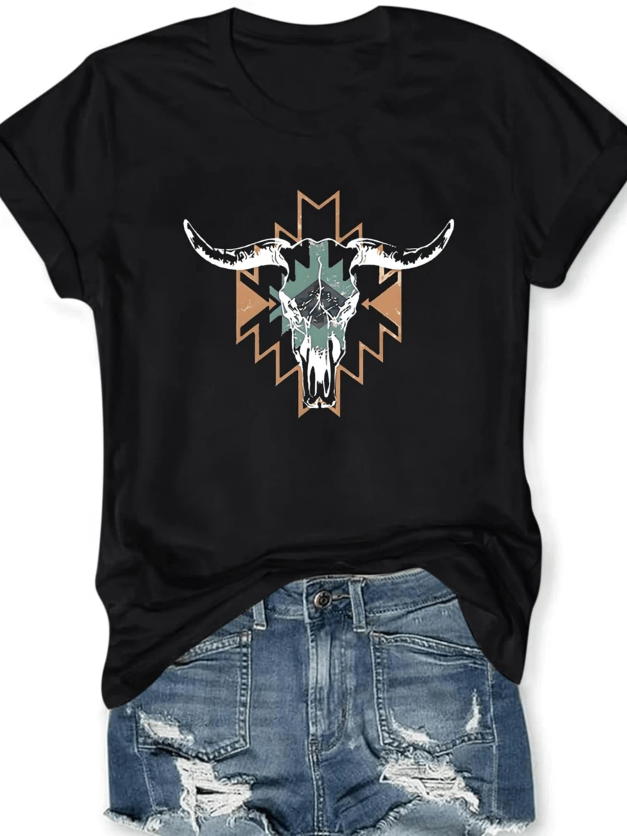 Bull Skull Graphic Print T Shirt 1pcs 220g Women's Casual 100% Cotton Round Neck Tee Southwestern Style Short Sleeve Top - Black - View 1