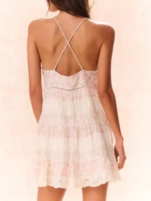 Women Y2K Mini Cami Dress Backless Low Cut A Line Short Bustier Dress Floral Ruffle Sleeveless Sundress Beachwear - 粉色 - 查看 4